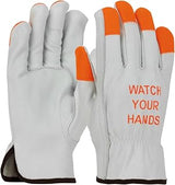 Protective Industrial Products PIP Economy Grade Top Grain Cowhide Leather Drivers Glove with Hi-Vis Fingertips and "WATCH YOUR HANDS" Logo Keystone Thumb 68-162HV Natural XL (Pack of 12)