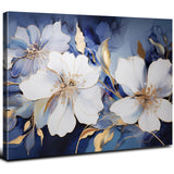 Abstract Floral Wall Art Marble Ink Painting Navy Blue and Gold Wall Decor Large Living Room Wall Art 32x48" by BL BORLINART – 48"L x 32"W, Canvas, Abstract Flower