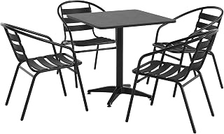 Flash Furniture Aluminum Slat Back Square Bistro Table with 4 Chairs, Black | Indoor/Outdoor Use, Black Slat Back Chairs