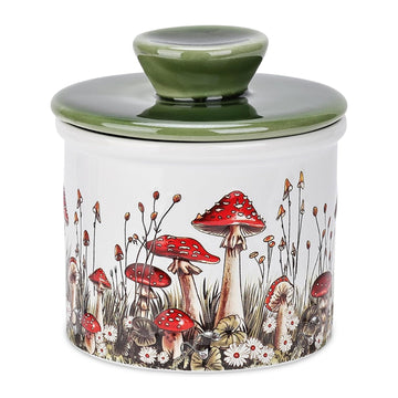 Fungi Fun Mushroom Butter Keeper, Ceramic Crock, White and Green