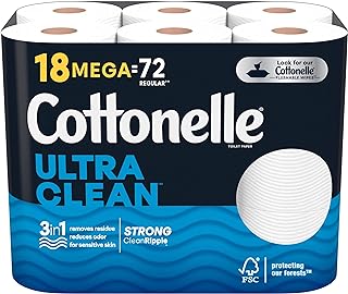 Cottonelle Ultra Clean Toilet Paper, Strong Toilet Tissue, 18 Mega Rolls (18 Mega Rolls = 72 Regular Rolls), 312 Sheets per Roll, Packaging May Vary