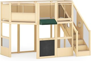 Guidecraft Market Loft with Extension - Natural: Kids' 2-Story Wooden Dramatic Play Loft & Gross Motor Activity Play w/Mirrors, Clear Panels, Blackboard, Stairs & Carpeted Area for Larger Classrooms