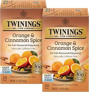Twinings Orange & Cinnamon Spice Tea 2-Pack (20 Tea Bags Ea) – Naturally Caffeine-Free Sweet and Spicy Tea with Rooibos + Reusable Tea Bag Holder