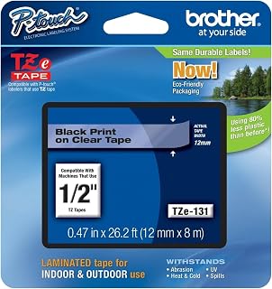 Brother Genuine P-touch TZE-131 Tape, 1/2" (0.47") Standard Laminated P-touch Tape, Black on Clear, Perfect for Indoor or Outdoor Use, Water Resistant, 26.2 Feet (8M), Single-Pack