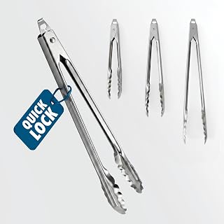 Edlund 4-Pack Tongs for Cooking – Stainless Steel Kitchen Tongs, 7", 9", 12" and 16" Scalloped Serving Tongs with Locks, Heavy Duty, Commercial Grade, Made in USA