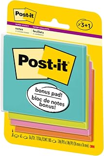 Post-it Super Sticky Notes, 3x3 in, 4 Pads, 2X the Sticking Power, Miami Collection, Neon Colors (Orange, Pink, Blue, Green), Recyclable(3321-SSAN-B)