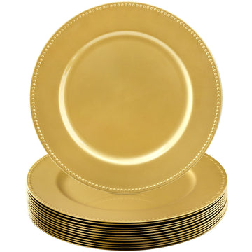 Okllen Charger Plates, 13 Inch Round Beaded, Gold, Set of 12