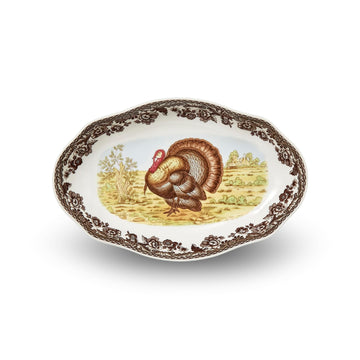 Spode Woodland Turkey Pickle Dish, 8.5 Inch Porcelain, Brown White