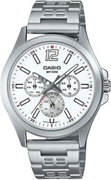 Casio MTP-E350D-7BV Men's Analog Watch, Silver Stainless Steel Band, White Dial, Day/Date Display, WR 50M