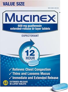 Mucinex 12 Hour 600 mg Guaifenesin Extended-Release Tablets for Excess Mucus Relief, Expectorant Aids Excess Mucus Removal, Chest Congestion Relief, 68 Bi-Layer Tablets