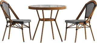 Flash Furniture 31.5" Glass Top Table and 2 Stack Chairs, Black/White | Commercial Grade, Indoor/Outdoor Use, PE Rattan, 2 Stack Chairs