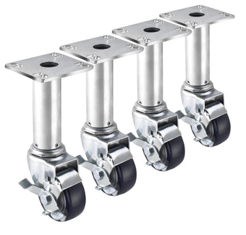 Krowne Metal 28-117S Set of 4 Adjustable Height Plate Casters with Brakes – 3" Diamter, 3.5" x 3.5" (8.5-10.5" Height)