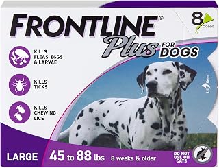 Frontline Plus Flea & Tick Spot Treatment for Large Breed Dogs 45-88 lbs. (Purple) Count of 8 | Count of 8, Trusted by pet owners for over 20 years,² kills fleas, ticks & chewing lice, waterproof 24 hr