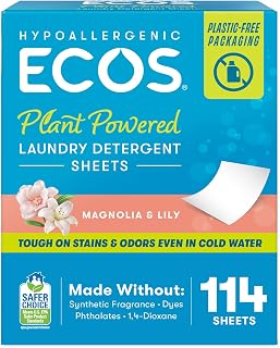 ECOS Laundry Detergent Sheets Vegan, No Plastic Jug, No Mess, Liquid Free - Hypoallergenic, Plant Powered Laundry Detergent Sheet - Magnolia & Lily - 114 Count (Pack of 6)
