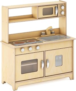 Guidecraft EdQ All-in-One Kids' Kitchen Playset - Natural: Wooden Dramatic Play Kitchen for Toddlers w/Stove, Microwave, Oven, Sink, Interactive Faucet, Storage Shelves for Home, Playroom, Classroom