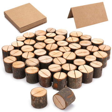 Tosnail Wooden Place Card Holders, 50 Pack with Kraft Cards, Rustic Brown