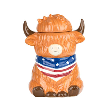 American Highland Cow Patriotic Kitchen Canister by 10 Strawberry Street – 58 fl oz, 58.3 fluid_ounces, Ceramic, American Highland Cow, Model HLD-AMRCA