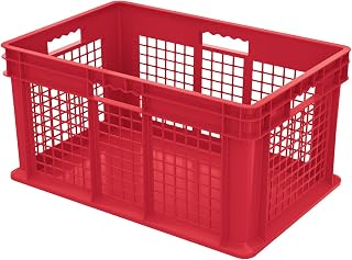 Akro-Mils 37672 24-Inch by 16-Inch by 12-Inch Straight Wall Container Plastic Tote with Mesh Sides and Solid Base, Red, Case of 3