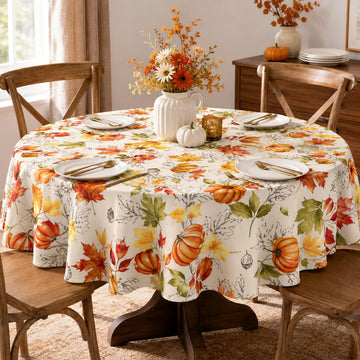 Soheioue Round Tablecloth, 60 Inch Diameter, Brown Autumn Design