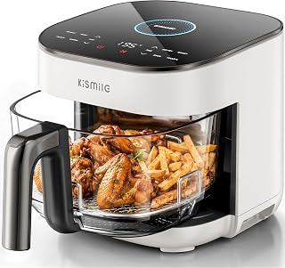 Kismile AeroLucen 5 QT Glass Air Fryer, No Preheat, 8-in-1, 450°F | Clear borosilicate glass basket with lid, 9.7-in compact design, 8-in-1 functions & color-changing Dynamic Speed Ring