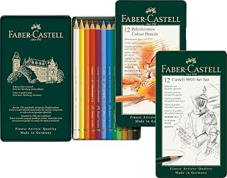 Faber-Castell Artist Colouring Pencils Polychromos Pack of 12 Metal Case + Castell 9000 Pencils Art Set of 12 Basic Set