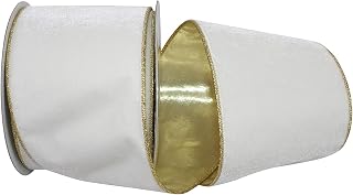 Reliant Ribbon Plush Metallic Backed Velvet Wired Edge Ribbon, 4 Inch X 10 Yards, Ivory/Gold
