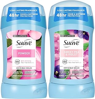 Suave Antiperspirant Deodorant for Women Variety 2-Pack – Powder + Sweet Pea & Violet, Anti-Staining Invisible Solid, Talc-Free, 1.2 Oz Ea