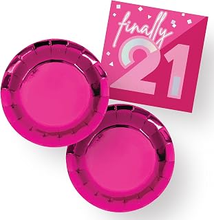 Creative Converting 21st Birthday Party Pack, Pink Foiled Paper Plates and Napkins, Disposable, 16 Guests