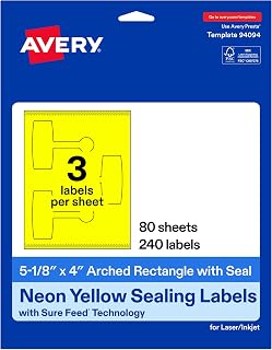 Avery Printable Sealing Labels, 5-1/8" x 4", Neon Yellow, Sure Feed Technology, Print-to-The-Edge Capability, Laser/Inkjet Printer Compatible, 240 Total