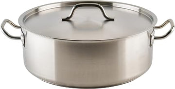 Winco 20 qt Stainless Steel Brazier Pan with Lid | Flat bottom, Wide base, Riveted handles, Induction safe, Great for Braising, Simmering, Batch Cooking and Restaurant Kitchens