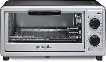 Proctor Silex 4 Slice Countertop Toaster Oven | Bake, Broil, Toast | 200-450⁰F Adjustable Temp | 30 Minute Timer | Automatic Shutoff | Black and Silver | 31260G