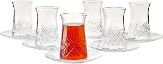Pasabahce Crystal Turkish Tea Glasses and Saucers, Set of 12 Turkish Tea Cup Set, 6 Cups and 6 Plates Perfect for Tea Party, Gifts, Housewarming, Weddings, Aniversary