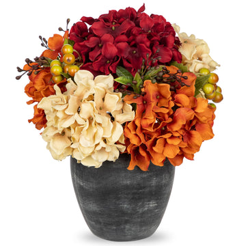 Oairse Artificial Hydrangea Arrangement, 11.8 Inch Silk Blooms in Ceramic Vase, Cream Orange Wine
