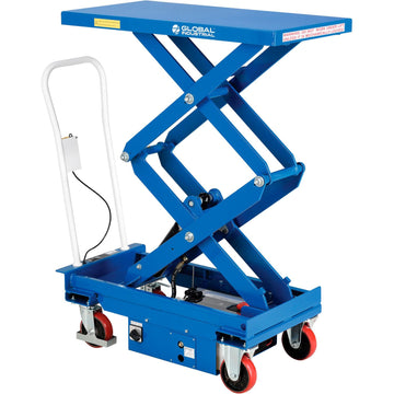 Battery Powered Mobile Scissor Lift Table by Global Industrial – Alloy Steel, Blue, Model ES30DJ-E