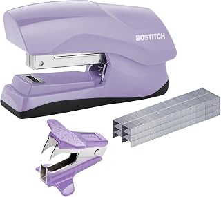 Bostitch Heavy Duty Stapler Value Pack, 40 Sheet Capacity, Purple | Half-strip, flat-clinch design opens fully for tacking bulletin boards; includes a staple remover and 1250 staples.