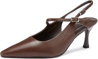 Women's Pointed-Toe Mary Jane Slingback Heels, Lambskin Leather Upper & Lining, Adjustable Buckle Straps, 2.76 Inch Mid-Heel Shoes for Work & Wedding