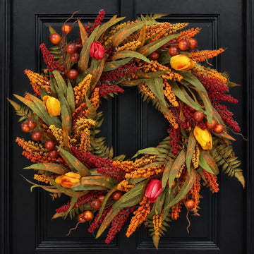YNZGYQW Fall Wreath, 24 Inch, Brown Cattails Berries