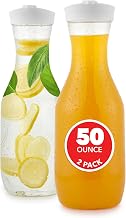 Plastic Juice Carafe with Lids (Set of 2) 50 oz Carafes for Mimosa Bar, Drink Pitcher with Lid, Water Bottle, Milk Container, Clear Beverage Containers for Fridge, Pantry Storage, Round Pitchers