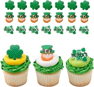 DecoPac St. Patrick's Day Rings, Cupcake Decorations, Cupcake Toppers Featuring Green Shamrock and Leprechauns, Food Safe Cake Topper – 24 Pack