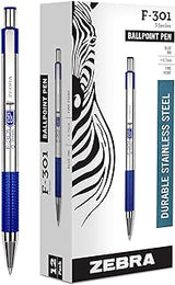 Zebra Technologies Zebra F-301 Ballpoint Stainless Steel Retractable Pen, Fine Point, 0.7mm, Blue Ink, 1-Count (12)