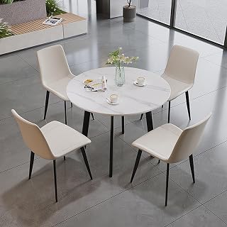 Round Dining Table Set for 4,Modern Kitchen Coffee Table Set | Comedor de 4 Sillas y Mesa,with 4 Upholstered Chairs,Small Dining Set,for Kitchen Dining Room Apartments.