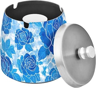 Blue Flower Rose Splash Ashtray with Lid, Outdoor Ashtrays for Patio