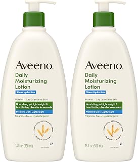 Aveeno Sheer Hydration Fragrance-Free Daily Moisturizing Lotion with Prebiotic Oat for Dry Skin, Lightweight, Fast-Absorbing Body Moisturizer Nourishes Skin with 48-hour Moisture, 18 fl oz (Pack of 2)