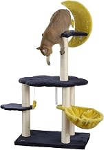 CTR1003A Aurora 49" 3-Tier Modern Sisal Moon and Stars Cat Tree with Scratching Posts, Basket, and Fuzzy Bell Toys, Navy/Yellow/White