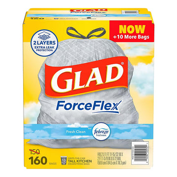 ForceFlex Tall Kitchen Drawstring Trash Bags - Fresh Clean with Febreze by Glad – 160 Count (Pack of 1), 13.0 gallons, Plastic, White, Model 012587225721