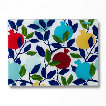 SURI Tempered Glass Challah Board, Large Cutting Tray, Pomegranate & Blue