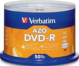 Verbatim DVD-R Blank Discs AZO Dye 4.7GB 16X Recordable Disc - 50 Pack Spindle | 4.7GB DVD-R with 16x speed and 50-disc spindle for archiving, backup and storage