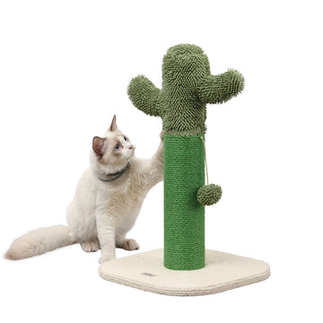 Pecos 21" Modern Jute Cactus Cat Scratching Post with Fuzzy Toy by THE LICKER STORE – Jute, White Jute, Green, Model CTR1000A