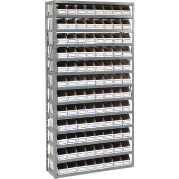 Open Bin Shelving w/13 Shelves & 96 White Bins by Global Industrial – 12"L x 36"W x 73"H, 16 Gauge Steel, Grey, Model 235002