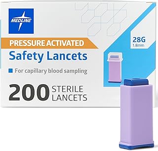 Medline Sterile Safety Lancets, Pressure Activation, Blood Glucose Testing, Controlled Penetration, 28G X 1.8 Mm, 200 Count